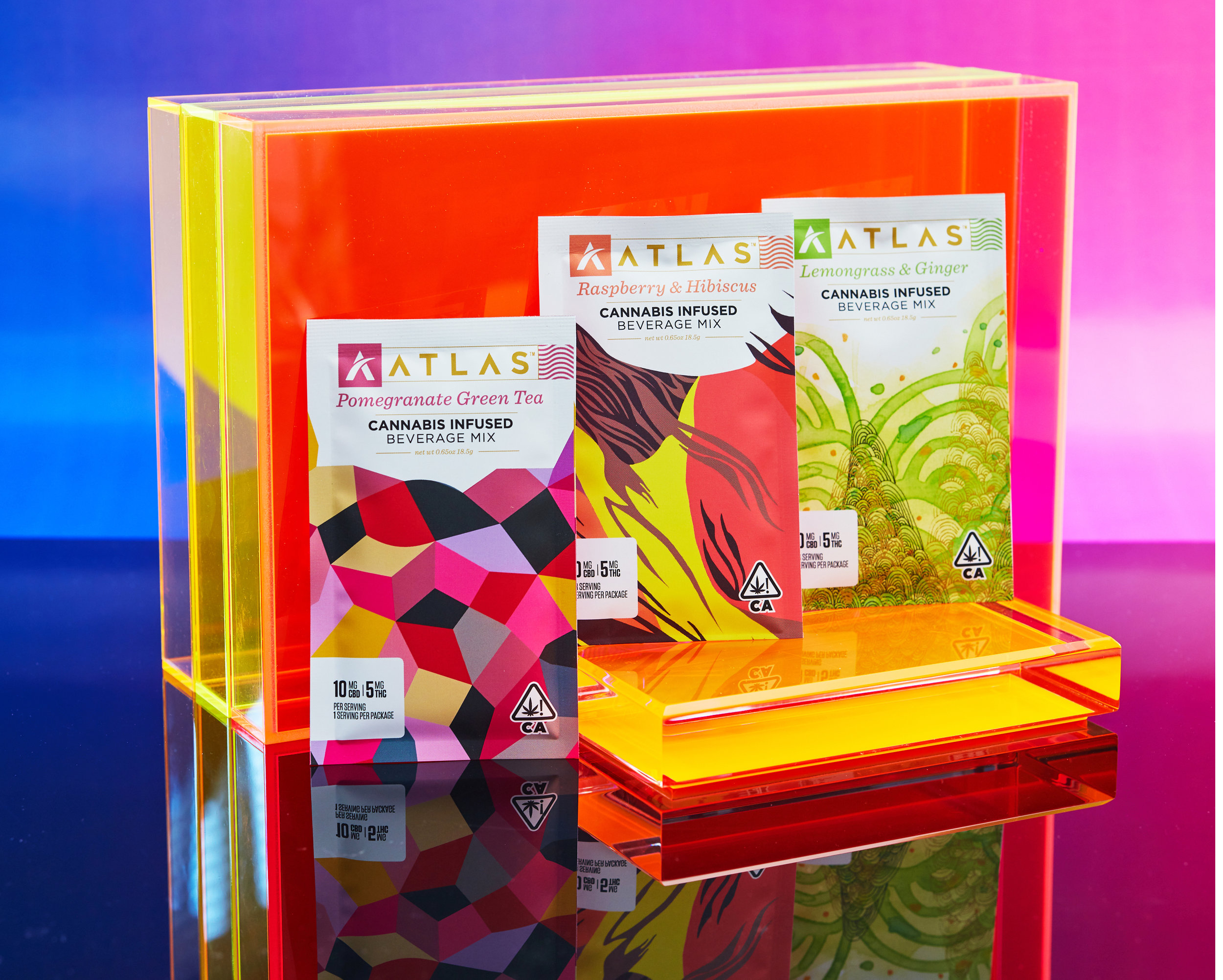 Atlas cannabis-infused beverage mix comes in three flavors. Photo: ChingImages. © mymilligram. Art direction: Marcia Gagliardi. Styling: Christian Jusinski/Surfacehaus.